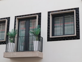 A modern balcony with black metal railings, featuring two large potted plants with green foliage. The balcony is part of a building facade with minimalist design, characterized by clean lines and dark window frames. The exterior walls are a light beige color, complemented by black border tiles around the windows.
