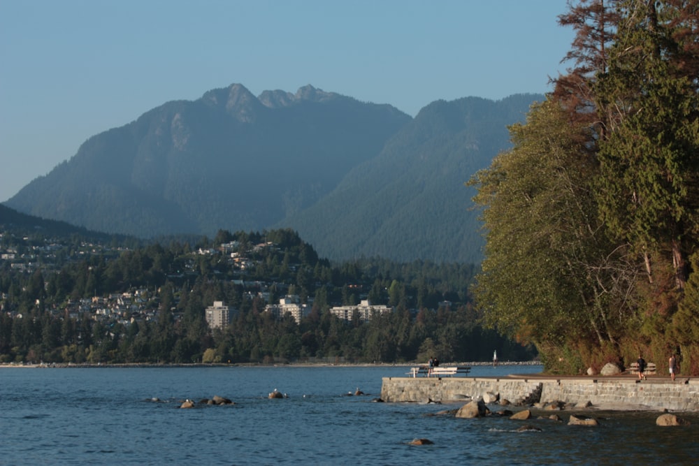 a body of water with mountains in the background