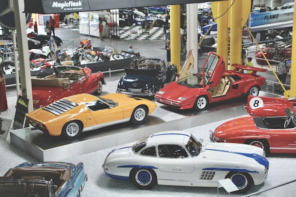 A colorful display of collectible cars inspired by classic films.