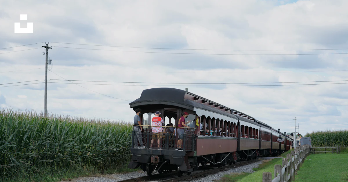 Corn Train A train traveling down train tracks next to a corn field photo – Free ...