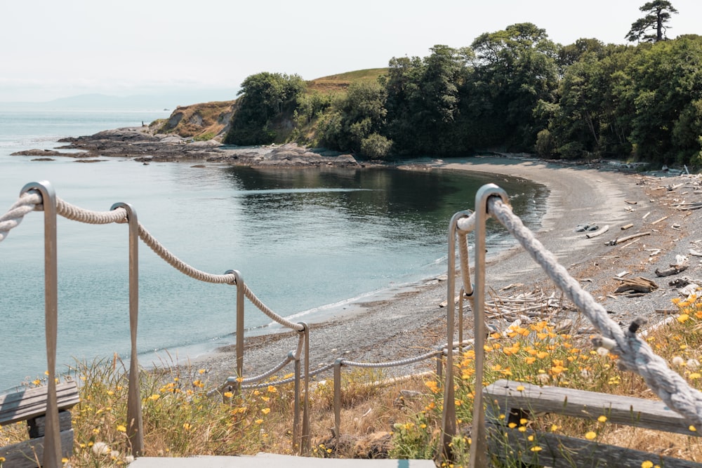 a view of a beach from the top of a hill