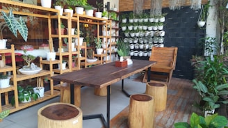 A cozy indoor space with wooden furniture including a long table, stools, and a chair. The area is filled with various potted plants, both on wooden shelves and hanging on the wall. The decor is rustic with an emphasis on greenery, creating a tranquil and natural atmosphere.