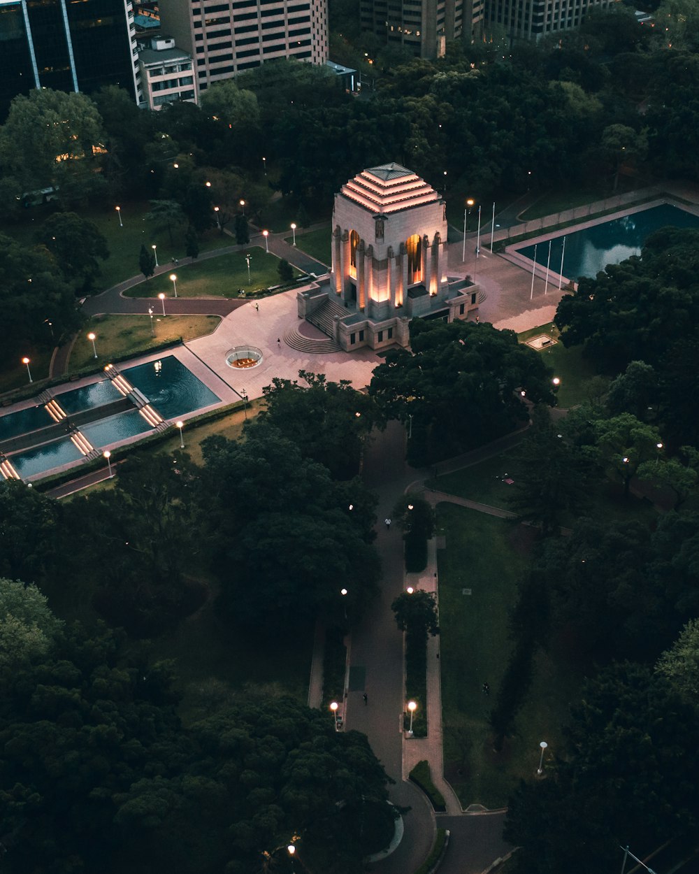 an aerial view of a park at night