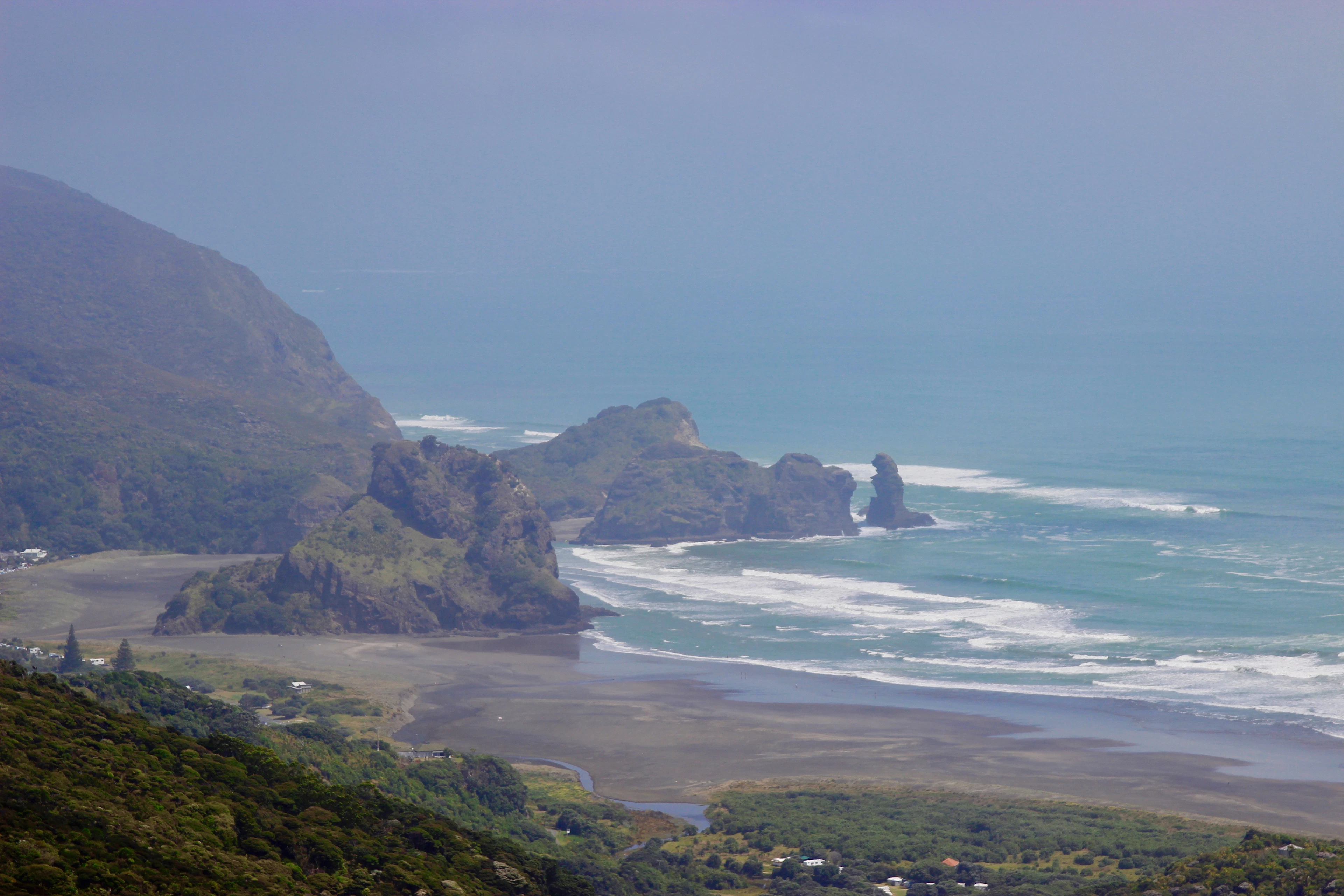 Piha Beach's black sand and a large sea stack seen from above, waves breaking along the shore.