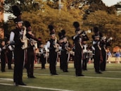 A marching band is performing outdoors on a grassy field. The band members are wearing black uniforms with plumed hats and are playing various brass and percussion instruments. The scene is set against a backdrop of trees and some spectators in the distance.