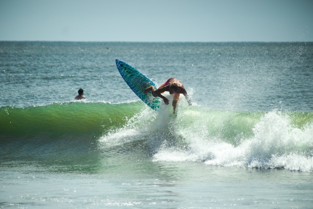 a man riding a wave on top of a surfboard