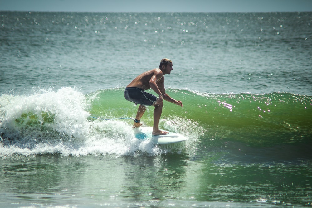 a man riding a wave on top of a surfboard