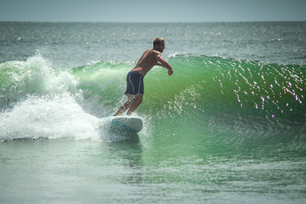 a man riding a wave on top of a surfboard