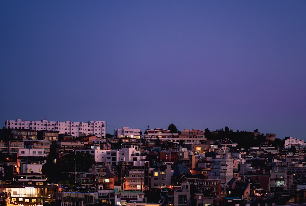 city skyline during night time