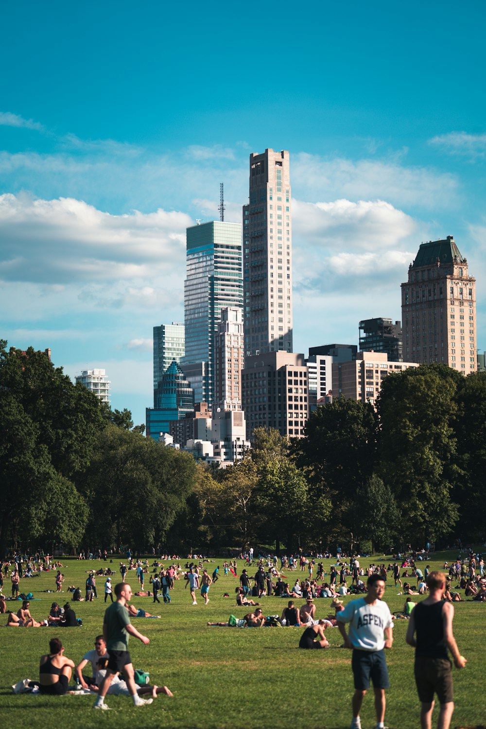 people walking on park near high rise buildings during daytime