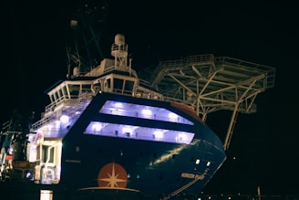 blue and white ship on dock during night time