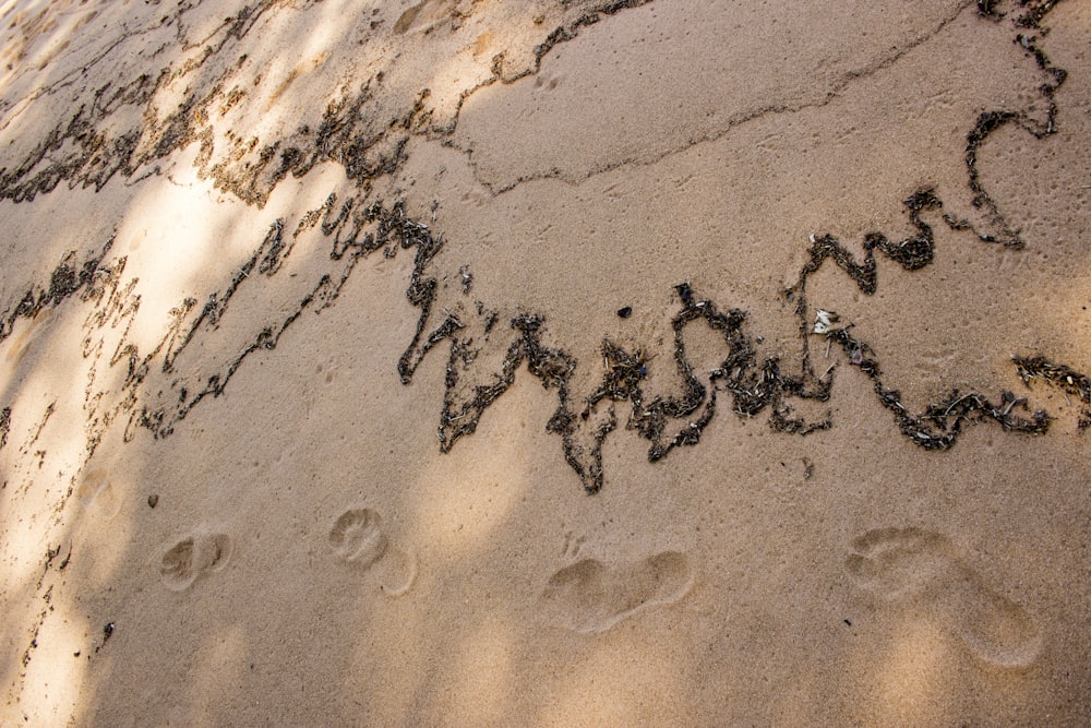 Ein Sandstrand mit Fußabdrücken und Schrift im Sand