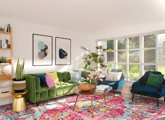 green sofa chair near brown wooden table