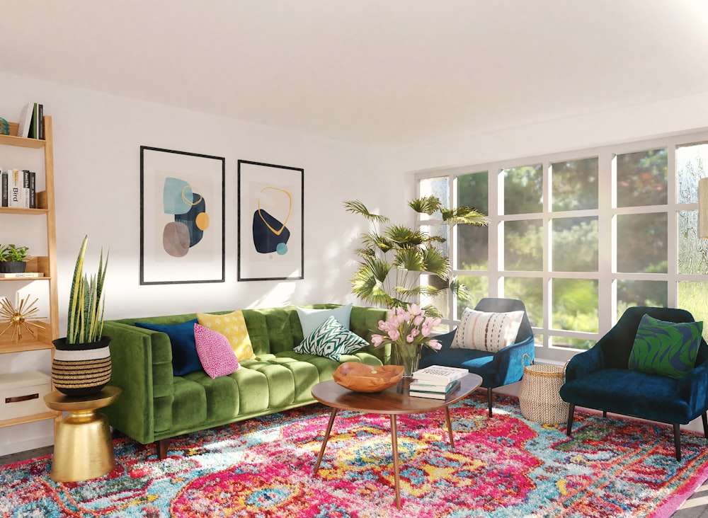 green sofa chair near brown wooden table