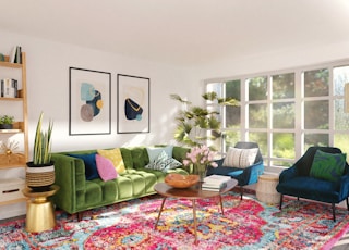 green sofa chair near brown wooden table