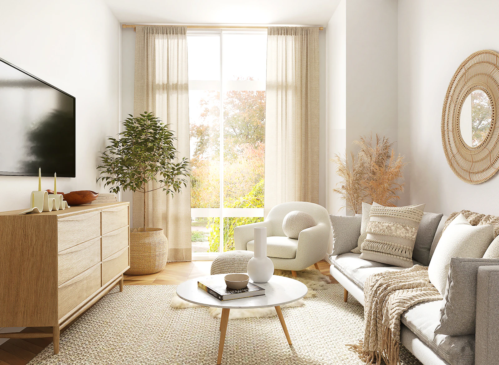 A small living room with a wall-mounted TV, wood console, and armchair by a bright window