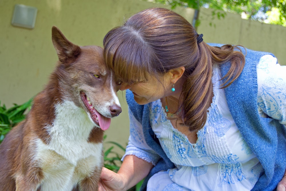 a woman kneeling down next to a brown and white dog