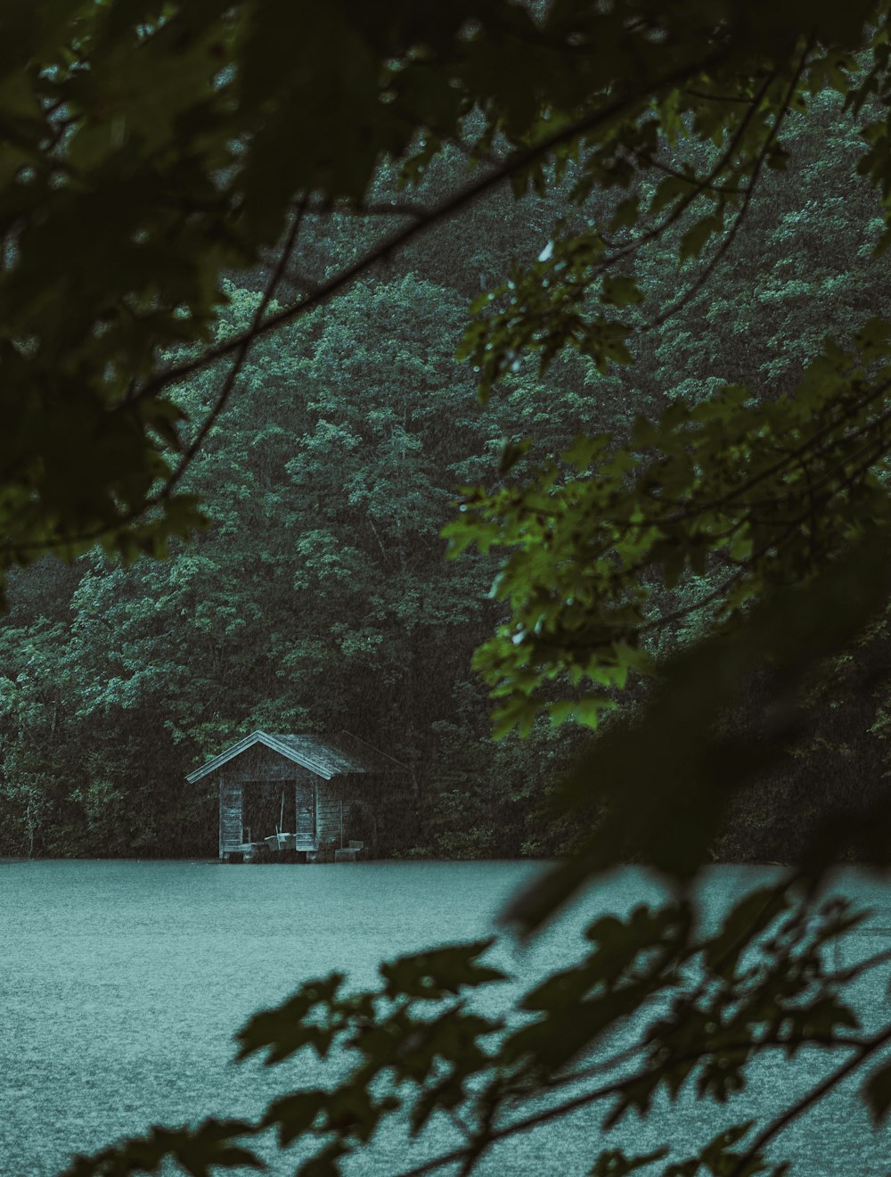 a boathouse in the middle of a lake surrounded by trees