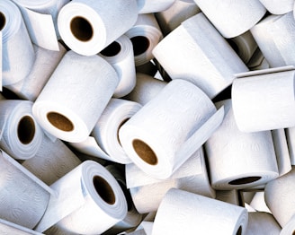 A large pile of white toilet paper rolls, each with a textured pattern. The rolls are scattered in a seemingly random manner, some stacked and others resting in different orientations with visible cardboard tubes.