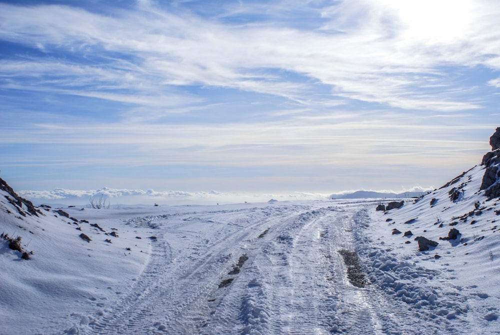 a snow covered road in the middle of nowhere