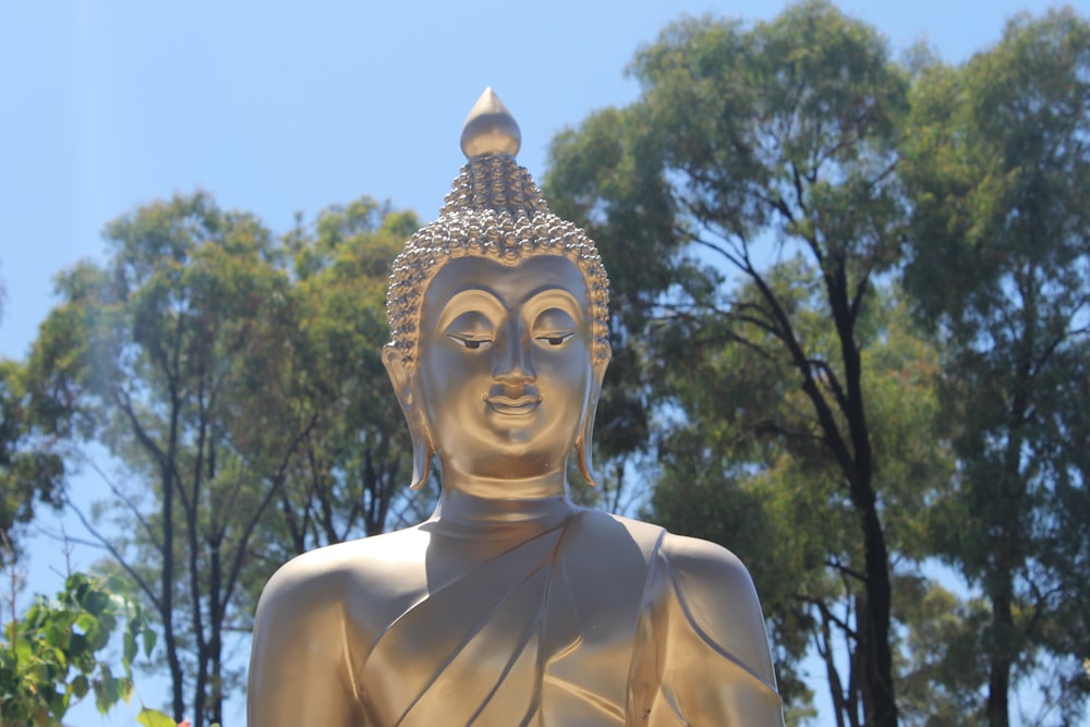 a golden buddha statue in front of some trees