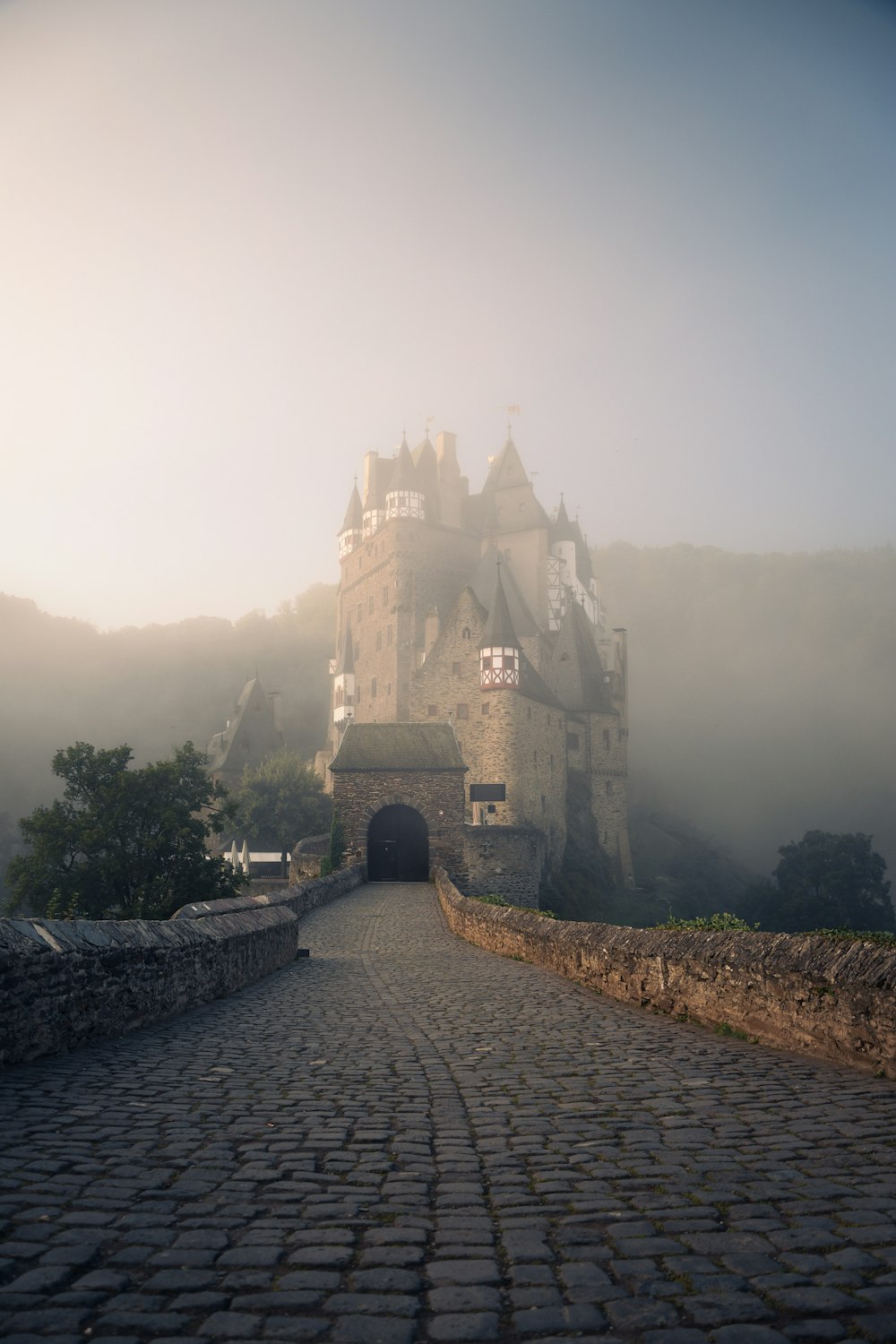 a foggy castle with a stone walkway leading to it