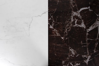 A surface divided into two contrasting marble textures, with the left side displaying a light-colored marble with subtle gray veining and the right side exhibiting a dark brown marble with prominent white veining.
