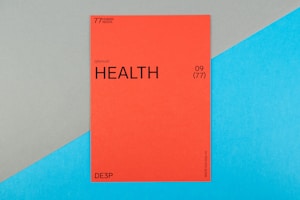 A vibrant red card with the word 'HEALTH' prominently displayed in black text, accompanied by smaller text indicating the number 09 (77) and phrases such as '77 HUMAN NEEDS' and '(physical)' at the top. The background consists of intersecting areas of blue and gray-green color.
