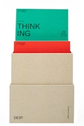 A beige box holds two cards. The top card is green with the word 'THINKING' prominently displayed in black text along with the phrase '(actional)' and other smaller text details. The card beneath is red, partially obscured by the green card, also containing textual information. The box has minimalistic text on its lower part.