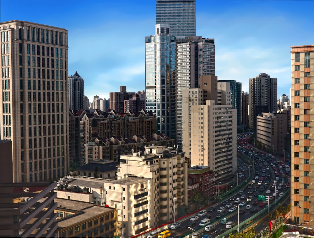 a view of a city with tall buildings