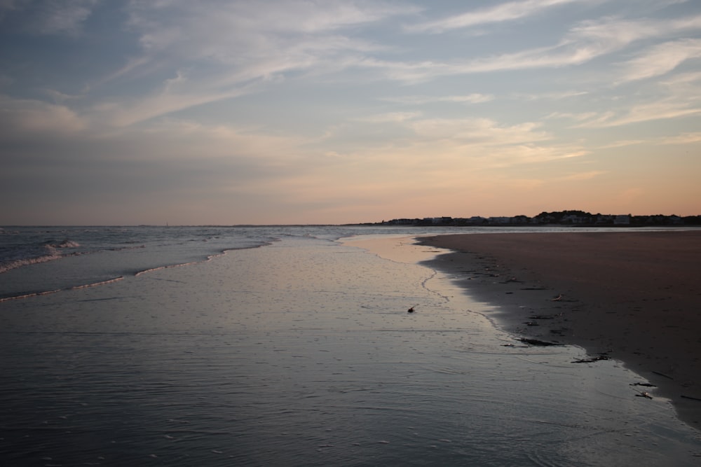 a body of water sitting next to a sandy beach