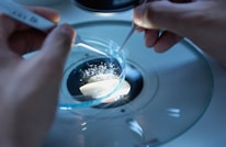 Close-up of hands testing food samples in a laboratory setting.
