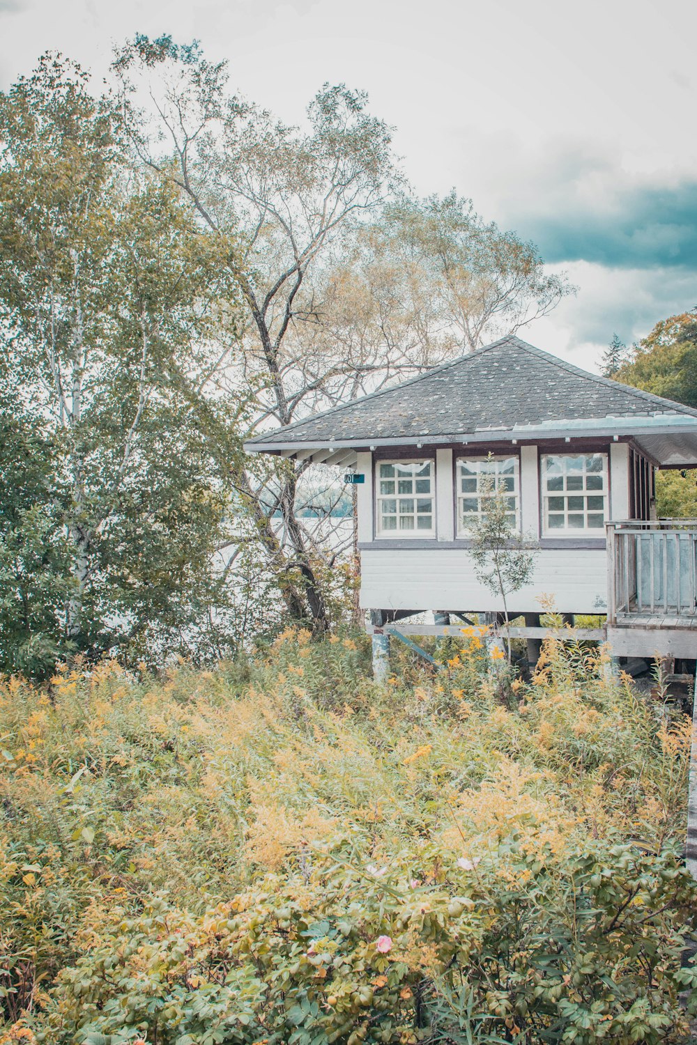 a small house sitting on top of a lush green field