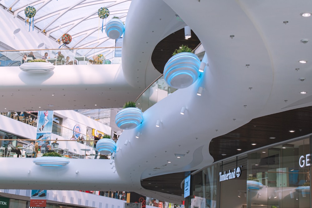 a group of people walking through a shopping mall