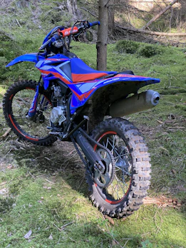 Side view of a vibrant red electric dirt bike parked against a forest backdrop.