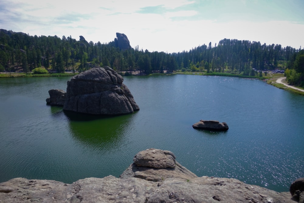 a body of water surrounded by rocks and trees
