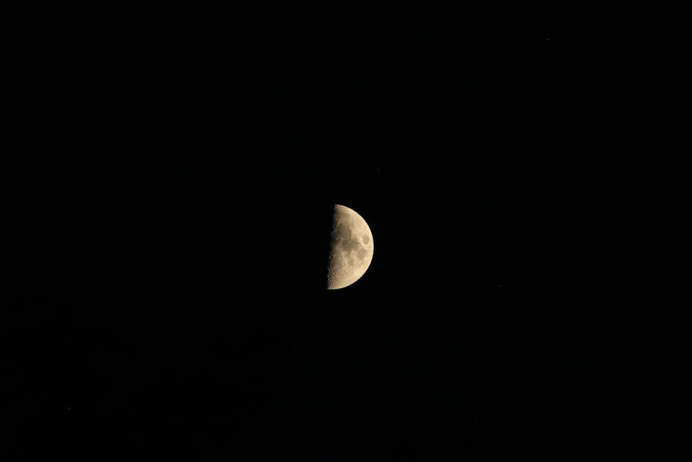 a half moon is seen in the dark sky