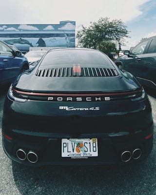 A black Porsche 911 Carrera 4S is parked between two other vehicles in an outdoor setting. The car has a Florida license plate and is positioned in front of a mural depicting ocean scenes with dolphins and stingrays. The background includes palm trees and a partly cloudy sky.
