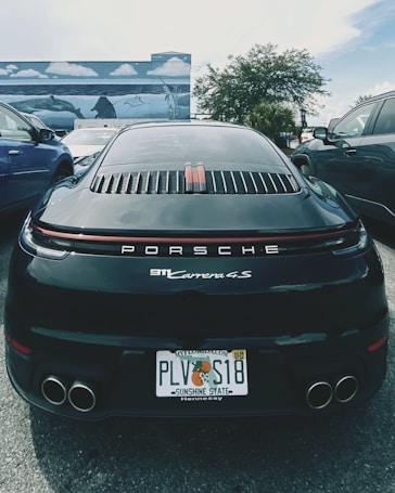A black Porsche 911 Carrera 4S is parked between two other vehicles in an outdoor setting. The car has a Florida license plate and is positioned in front of a mural depicting ocean scenes with dolphins and stingrays. The background includes palm trees and a partly cloudy sky.