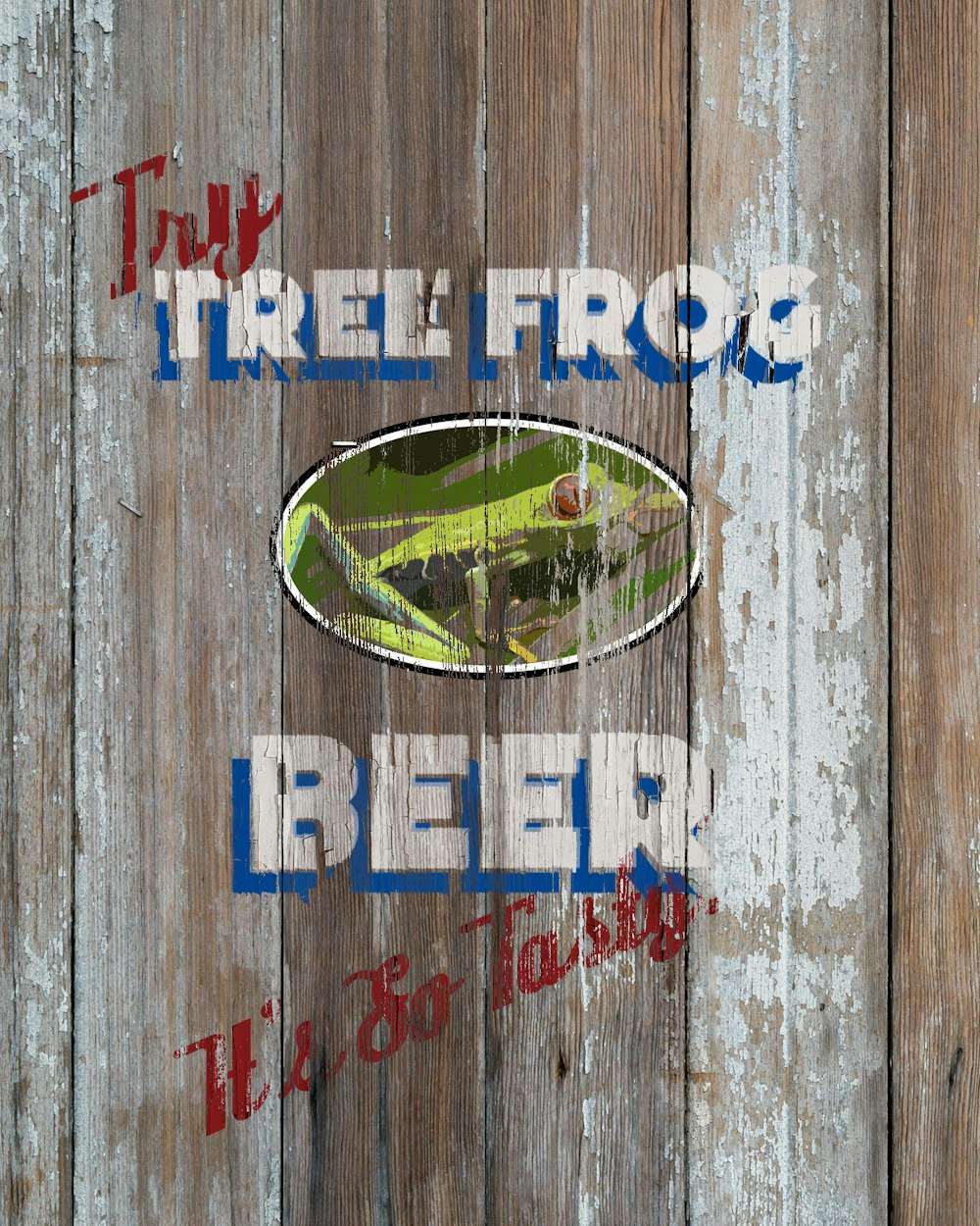 a sign on a wooden fence that says, trillifrog beer