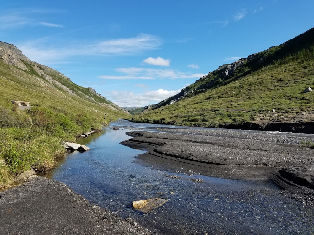 a river running through a lush green valley