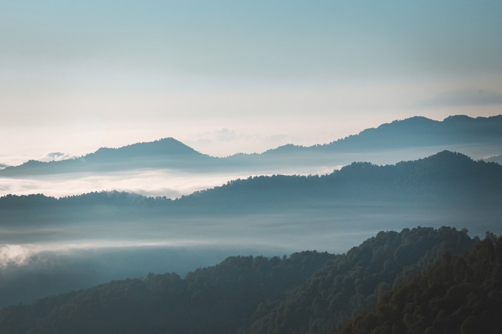 a view of a mountain range covered in fog