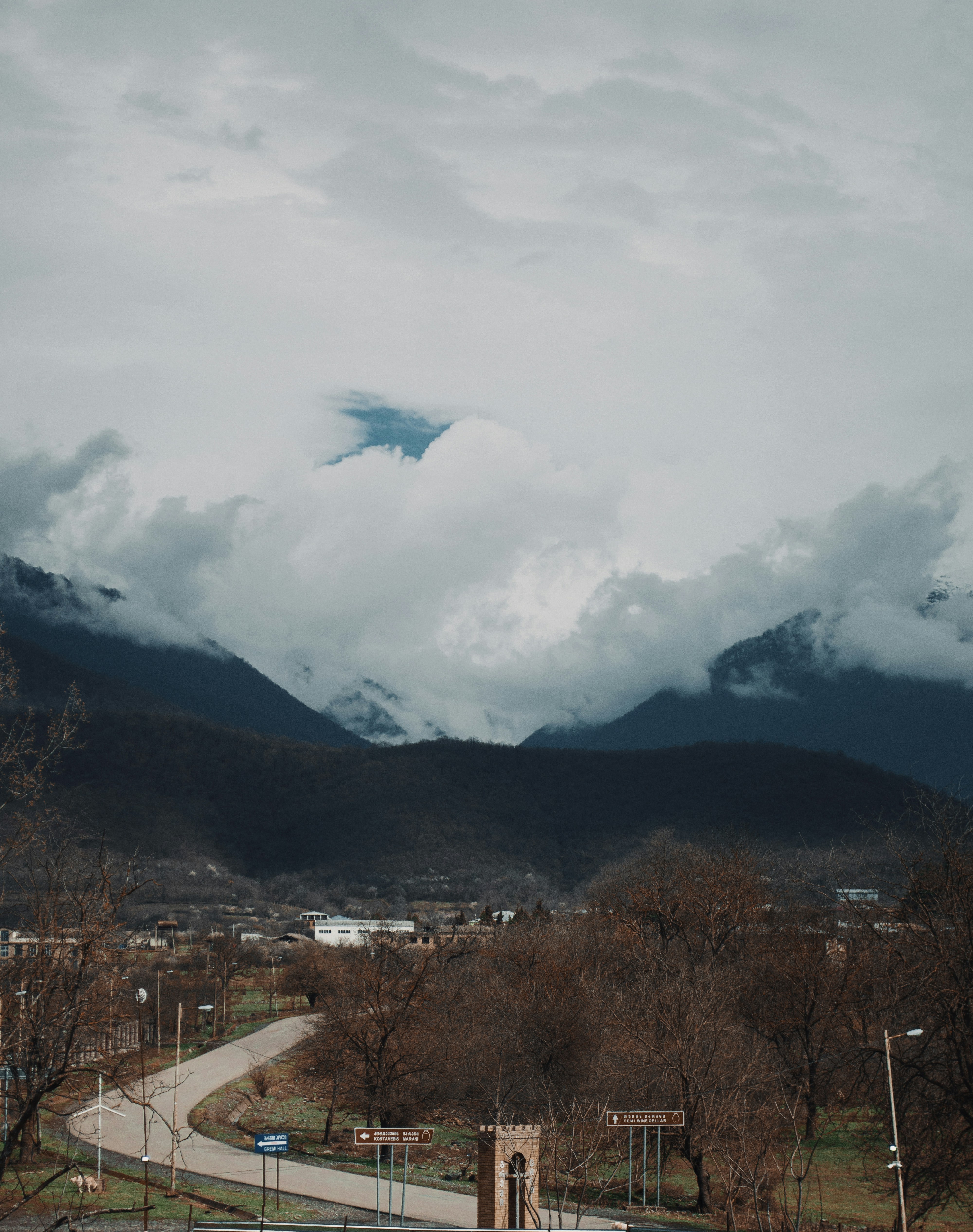 Himachal Pradesh mountain trekking trail in dark overcast day with snow peaks in background