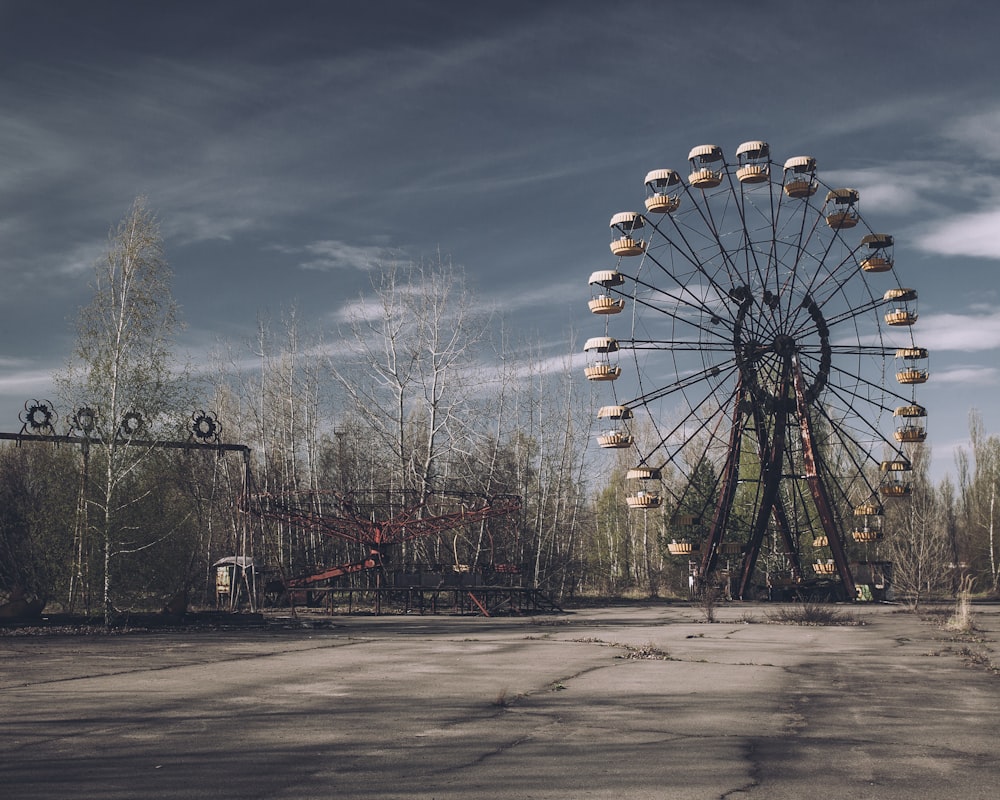 a large ferris wheel sitting in the middle of a forest