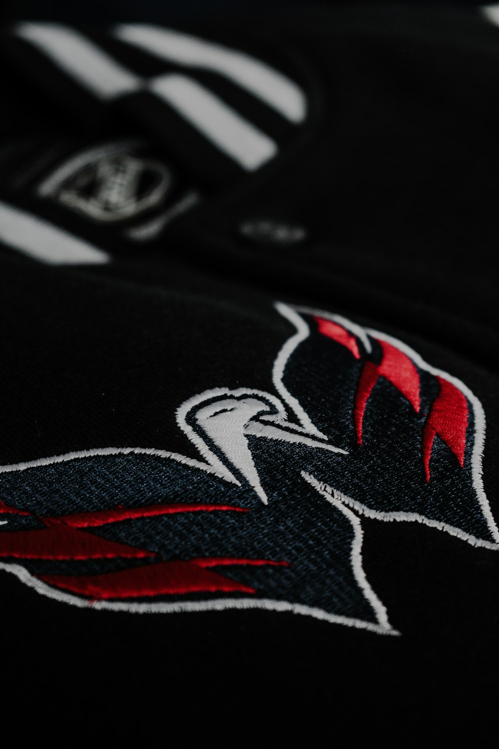 a close up of a baseball jersey with an eagle on it