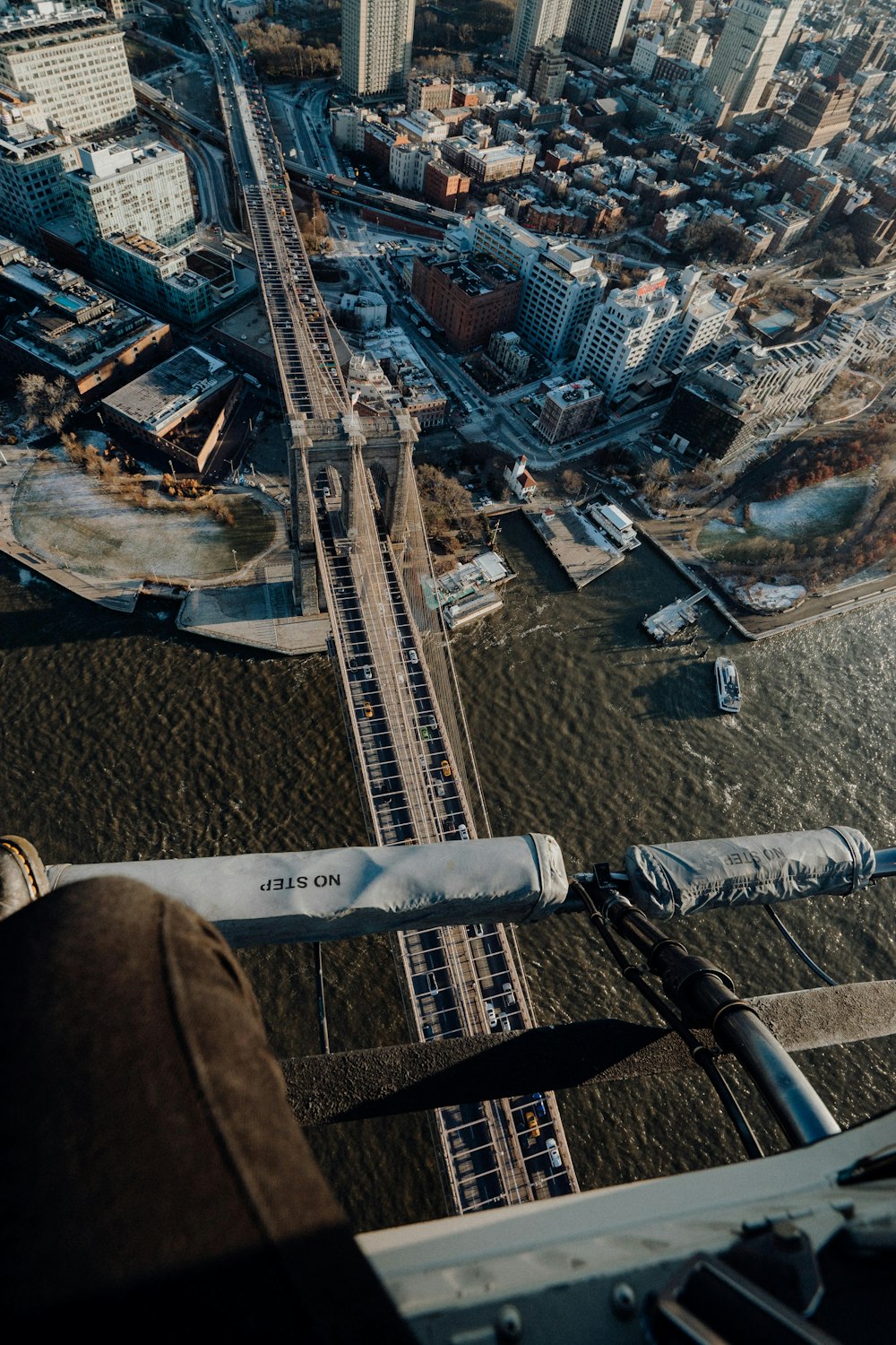 a view of a bridge from a helicopter