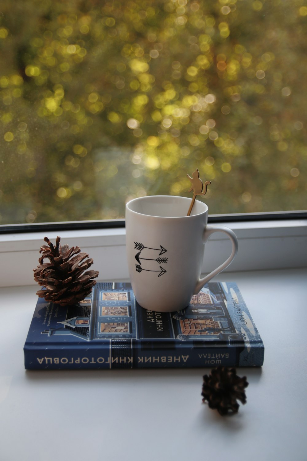 a cup of coffee sitting on top of a book next to a pine cone