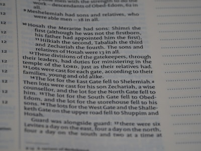 A close-up of a page from a book with text in two columns. The text describes various duties and divisions related to gatekeepers and lots cast for different gates. The layout includes numbered verses and sections, typical of a religious or historical text.