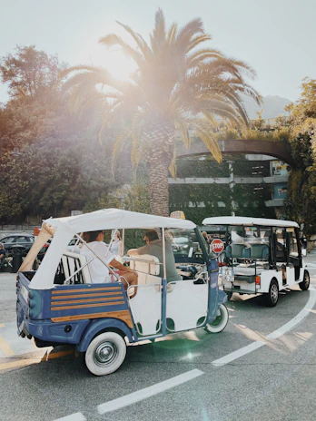 Happy passengers enjoying a sunny tuk tuk ride with city landmarks in the background.