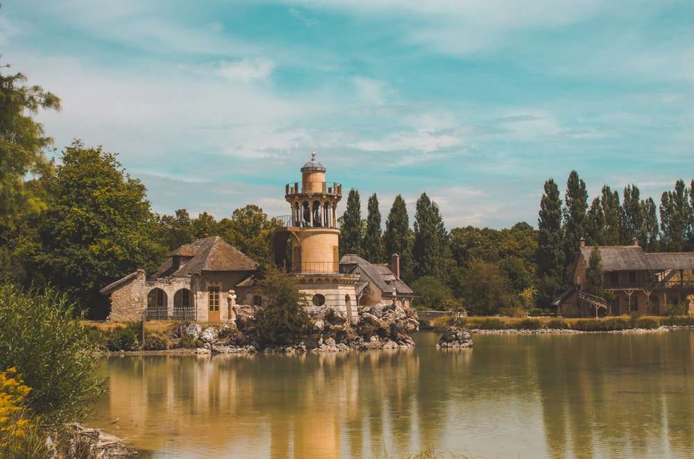 a lake with a building in the middle of it